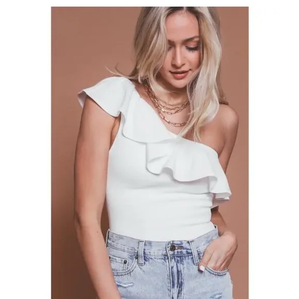 Show Me Your MuMu White Ruffle One-Shoulder Bodysuit